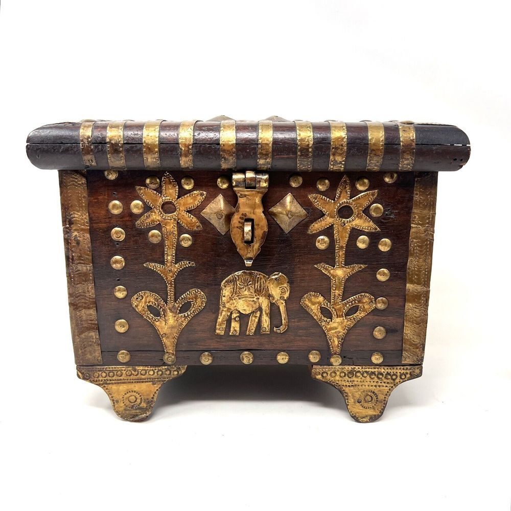 Antique Wooden Jewelry Box Inlaid Brass From India Elephant Flower Motifs Vtg